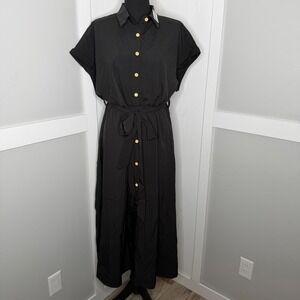 Yesfashion Maxi Dress Women XL Black Short Sleeve Button Up Belted